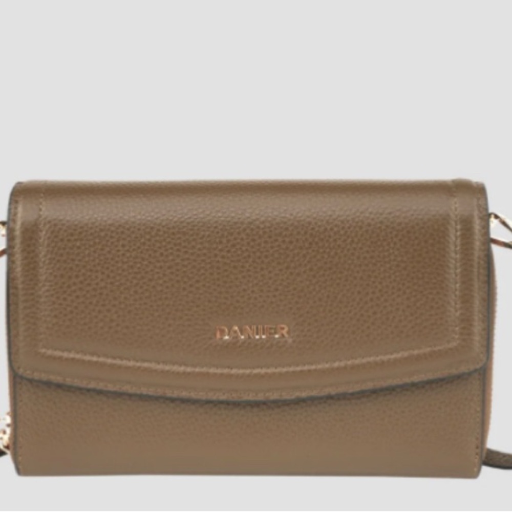 Danier Pebbled Leather Crossbody with Gold Logo in Truffle